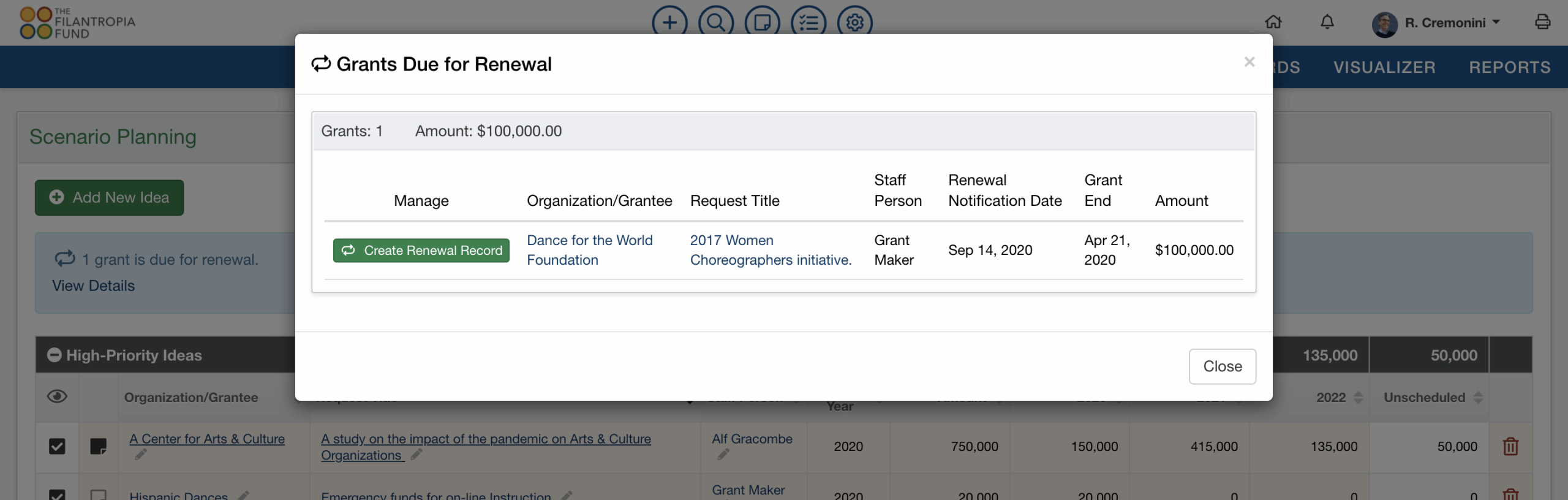 Set reminders for grant renewals and Scenario Planning will make sure
you don’t forget.